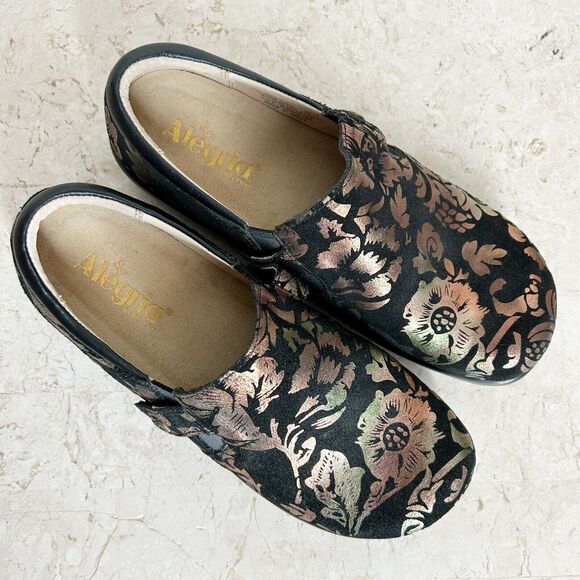 💐 Alegria Comfort Shoes Euro 38 Black Gold Floral Clogs Excellent Fun! 7 7.5 8 - Picture 5 of 16
